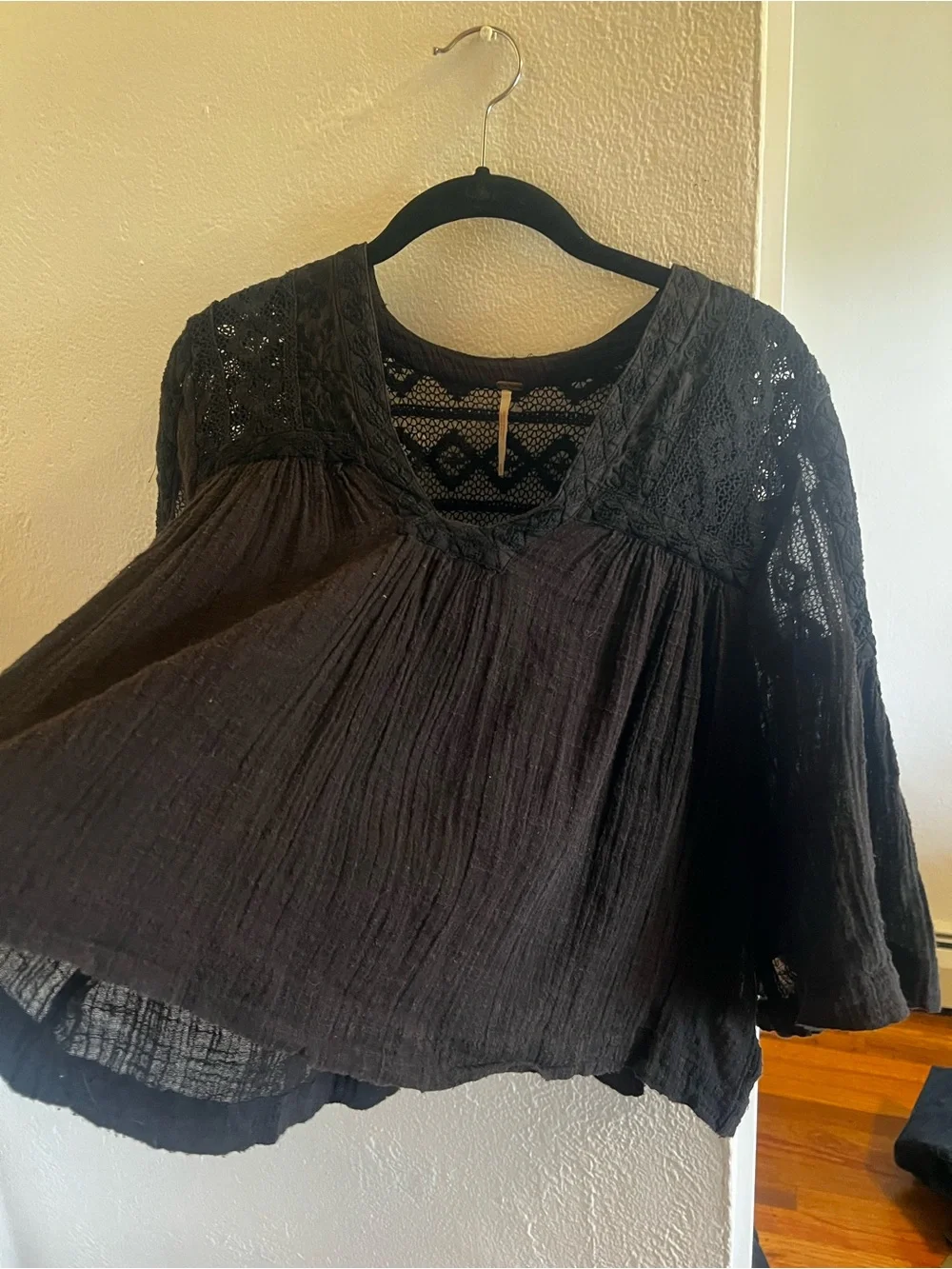 Free People Black Crochet-Yoke Lightweight Blouse